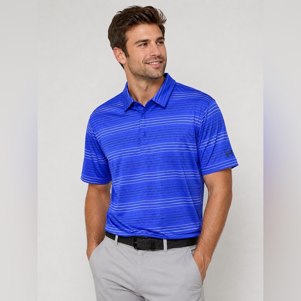 Under Armour Playoff Polo Shirt Mens XL Blue Striped Golf Performance Stretch